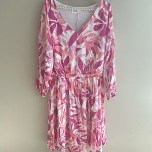 NEW Emily Wonder Livin On Island Time Womens Pink Palm Abstract VNeck Dress 2X